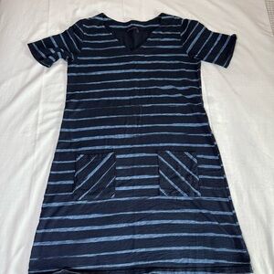 Fresh Produce Dress Womens Large Blue Cotton Stripped V Neck Short Sleeve USA